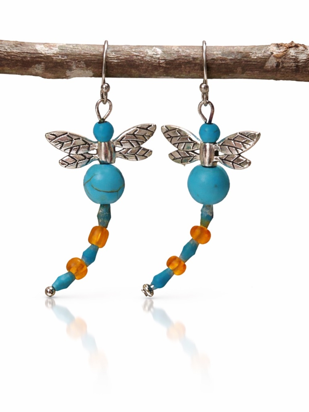 Boho Dragonfly Earrings Turquoise Amber Bead Dangle Nature Style